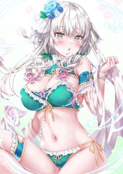 1girl :o bikini blue_flower blue_rose blunt_bangs breasts cleavage commentary_request flower frilled_bikini frills gradient_hair green_bikini grey_eyes grey_hair hair_ribbon highres kyariko large_breasts long_hair looking_at_viewer mole mole_under_eye multicolored_hair navel open_mouth original pink_hair ribbon rose side-tie_bikini_bottom sidelocks simple_background solo swimsuit two-tone_hair white_background