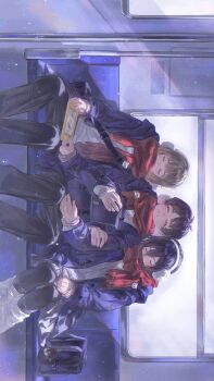 1girl 2boys armin_arlert bag bag_charm black_hair black_pantyhose blonde_hair blue_coat brown_hair character_charm charm_(object) closed_eyes coat commentary earmuffs eren_yeager feet_out_of_frame grey_skirt grey_sweater hair_between_eyes handheld_game_console highres holding holding_another's_arm holding_bag holding_handheld_game_console leaning_on_person leg_warmers mikasa_ackerman multiple_boys pantyhose parted_bangs parted_lips red_scarf rogue_titan scarf shingeki_no_kyojin shirt short_hair shoulder_bag sketch skirt sweater symbol-only_commentary titan_(shingeki_no_kyojin) train_interior white_leg_warmers white_shirt yun_(dl2n5c7kbh8ihcx)