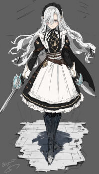 Rule 34 | 1girl, apron, arm armor, armor, belt, black headdress, dagger, dual wielding, expressionless, full body, grey background, grey eyes, hair over one eye, highres, holding, holding dagger, holding knife, holding sword, holding weapon, isekaijoucho, isshiki (ffmania7), kamitsubaki studio, keyhole, knife, leather belt, long hair, looking at viewer, maid, maid apron, multiple belts, red eyes, signature, silver boots, simple background, sketch, solo, standing, sword, virtual youtuber, watermark, weapon, white apron, white hair