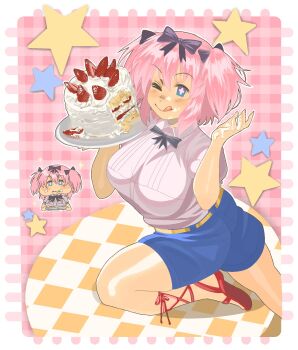 Rule 34 | > o, 1girl, black bow, blue eyes, blue shorts, blush, bow, cake, chzzei, closed mouth, collared shirt, commentary, commission, english commentary, food, hair bow, hibari (senran kagura), highres, holding, holding plate, looking at viewer, one eye closed, pink hair, plate, red shoes, senran kagura, shiny skin, shirt, shoes, short hair, short sleeves, short twintails, shorts, smile, solo, thick thighs, thighs, tongue, tongue out, twintails, white shirt