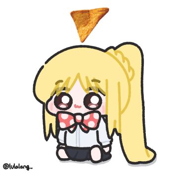 1girl :3 ahoge black_skirt blonde_hair bocchi_the_rock! bow bowtie brown_eyes chibi chibi_only closed_mouth commentary detached_ahoge doritos doritos_hair_(meme) english_commentary full_body highres ijichi_nijika long_hair looking_at_viewer lulalang meme parted_bangs polka_dot polka_dot_bow polka_dot_bowtie red_bow red_bowtie shirt side_ponytail simple_background sitting skirt smile solo twitter_username white_background white_shirt