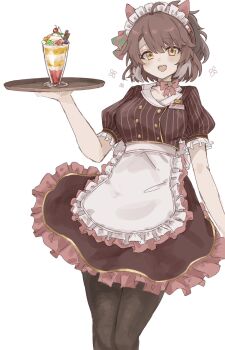 1girl ahoge animal_ears apron black_pantyhose blush bow bow_choker breasts brown_eyes brown_hair brown_shirt brown_skirt choker coco's collarbone commentary_request dantsu_flame_(umamusume) ear_covers food hair_between_eyes highres holding holding_tray horse_ears horse_girl looking_at_viewer medium_breasts multicolored_hair name_tag open_mouth pantyhose parfait pink_bow pink_choker puffy_sleeves shirt simple_background skirt smile solo t7jzw3 tray umamusume waist_apron waitress white_apron white_background white_hair white_headdress