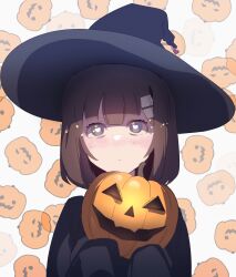Rule 34 | 1girl, absurdres, black cloak, black hat, blue eyes, brown hair, cloak, hair ornament, hairclip, halloween, hat, highres, hod (project moon), jack-o&#039;-lantern, library of ruina, looking at viewer, madotsuki ren, medium hair, project moon, pumpkin, solo, witch hat