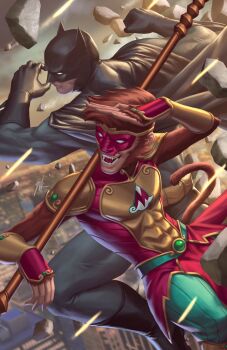 2boys armor batman batman_(series) black_boots black_cape black_gloves bodysuit boots breastplate brown_fur cape clenched_hand covered_abs dc_comics ejikure furry furry_male gloves grey_bodysuit highres monkey_boy monkey_prince_(dc) monkey_tail multiple_boys open_mouth outdoors pauldrons rock shoulder_armor signature tail teeth vambraces