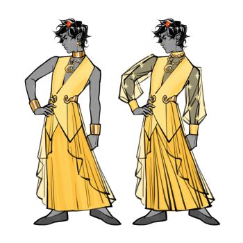 Rule 34 | 1boy, adapted costume, belt, black eyes, black hair, black shoes, bracelet, colored sclera, colored skin, commentary, crescent, crescent necklace, earrings, eight-pointed star, english commentary, glaring, gold, gold belt, gold bracelet, gold collar, gold necklace, grey skin, hand on own hip, homestuck, horns, jewelry, karkat vantas, long sleeves, male focus, multiple views, necklace, pointy ears, profile, see-through clothes, see-through skirt layer, see-through sleeves, shoes, short hair, simple background, skirt, star (symbol), star earrings, star print, teardew, troll (homestuck), tunic, variations, yellow nails, yellow sclera, yellow skirt, yellow tunic