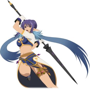 Rule 34 | 1girl, artist request, blue hair, boots, breasts, closed mouth, cowboy shot, dagger, game cg, gloves, highres, holding, holding behind back, holding polearm, holding polearm behind back, holding weapon, holding weapon behind back, judith (tales), knife, lance, large breasts, long hair, looking at viewer, midriff, multicolored hair, navel, official art, open mouth, pointy ears, polearm, purple eyes, purple hair, solo, tales of (series), tales of asteria, tales of vesperia, third-party source, transparent background, twintails, two-tone hair, very long hair, weapon, white gloves
