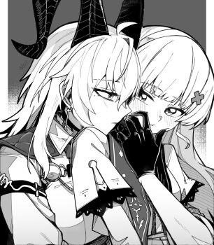 2girls ahoge blush border breasts cheek_squash choker collared_shirt commentary_request curled_horns dated earrings gloves greyscale hair_ornament hairband highres horns jewelry key_earrings large_breasts long_hair long_sleeves looking_at_another mole mole_under_eye monochrome multiple_girls no_headwear parted_lips phoebe_(wuthering_waves) sash shirt signature starblame upper_body wuthering_waves x_hair_ornament yuri zani_(wuthering_waves)