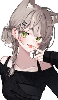 Rule 34 | 1girl, :p, absurdres, ahoge, animal ear fluff, animal ears, bare shoulders, black sweater, blush, bra strap, braid, breasts, brown hair, cat ears, cat girl, collarbone, commentary, extra ears, finger to mouth, green eyes, green nails, grey hair, hair bun, hair ornament, hairclip, highres, kanayell, korean commentary, long sleeves, looking at viewer, nail polish, off-shoulder sweater, off shoulder, simple background, single braid, single hair bun, sleeves past wrists, solo, sweater, tongue, tongue out, upper body, viichan, virtual youtuber, waktaverse, white background