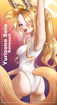 1girl absurdres animal_ear_fluff animal_ears armpits arms_up ass blonde_hair blue_archive breasts character_name clothing_cutout commentary covered_navel cross_halo diamond_cutout english_commentary fox_ears fox_girl fox_tail from_behind gradient_background halo highleg highleg_one-piece_swimsuit highres long_hair looking_at_viewer looking_back official_alternate_costume official_alternate_hairstyle one-piece_swimsuit orange-tinted_eyewear orange_eyes seia_(blue_archive) seia_(swimsuit)_(blue_archive) shioz side_ponytail small_breasts solo sunglasses swimsuit tail tinted_eyewear visor_cap white_one-piece_swimsuit yellow_halo yellow_visor