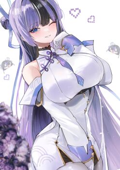 2girls absurdres black_hair breasts chinese_hairpin commentary detached_sleeves dress flower goddess_of_victory:_nikke gurami_(zangizarang) hair_ornament hair_stick heart highres jien_(nikke) large_breasts looking_at_viewer mole mole_under_eye multicolored_hair multiple_girls one_eye_closed pixel_heart purple_eyes purple_flower purple_hair purple_streaks smile streaked_hair symbol-only_commentary syuen_(nikke) white_background white_dress white_sleeves