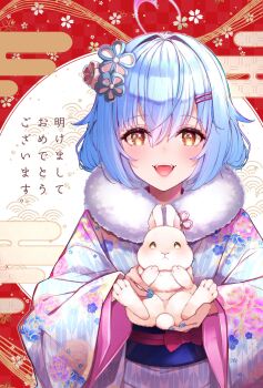 1girl ahoge animal blue_hair blue_kimono blue_nails blush colored_tips commentary_request floral_print floral_print_kimono hair_between_eyes hair_ornament hairclip hairpin heart heart_ahoge highres holding holding_animal hololive japanese_clothes kimono looking_at_viewer multicolored_hair open_mouth print_kimono rabbit short_hair smile translation_request upper_body virtual_youtuber white_rabbit_(animal) wide_sleeves yellow_eyes yugsa_(0828) yukihana_lamy