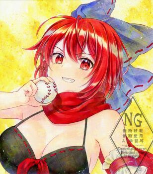 1girl adversarial_noise alternate_costume alto2019 ball baseball_(object) bikini black_bikini blush bow breasts cleavage commentary_request grin hair_bow highres holding holding_ball purple_bow red_eyes red_hair red_scarf ribbon-trimmed_bow ribbon_trim sample_watermark scarf sekibanki sekibanki_(dullahan_on_the_beach) signature smile solo swimsuit touhou touhou_lostword watermark watermark_grid