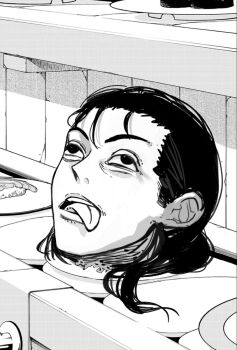 1boy barem_(chainsaw_man) black_hair chainsaw_man death decapitation dismemberment food highres plate ponytail sailen0 sushi tongue tongue_out