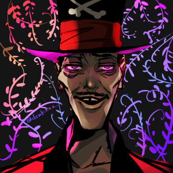 black_hair dr._facilier hat karan_22 long_hair looking_at_viewer male_focus open_mouth shirt short_hair simple_background the_princess_and_the_frog_(disney) top_hat