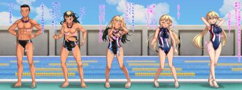 1boy 1girl abs armpits black_eyes black_hair blonde_hair blush breasts closed_eyes competition_swimsuit covered_erect_nipples dark-skinned_male dark_skin genderswap genderswap_(mtf) goggles hands_on_own_head hands_on_own_hips highres long_hair low_twintails male_swimwear medium_breasts multicolored_hair nipples one-piece_swimsuit open_mouth original outdoors pool sakatsu_nikara sandals sequential sky surprised swim_trunks swimsuit transformation transforming_clothes translated twintails two-tone_hair unworn_goggles yellow_eyes