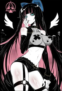 1girl absurdres angel_wings aqua_eyes artist_logo ass bare_shoulders blunt_bangs breasts bug censored chain colored_inner_hair commentary commentary_request covered_erect_nipples cowboy_shot detached_sleeves dizzle emo_fashion english_commentary fishnet_top fishnets highres logo long_hair looking_at_viewer midriff mixed-language_commentary multicolored_hair navel o-ring panty_&amp;_stocking_with_garterbelt perky_breasts solo spider stocking_(psg) upper_body very_long_hair wings