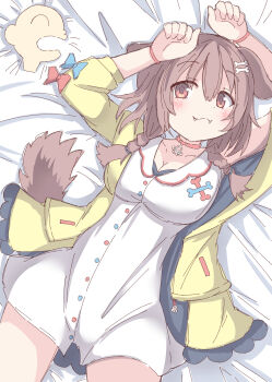 1girl :3 absurdres animal_ears armpits arms_up bed_sheet blue_bow blush bone_hair_ornament bow braid breasts brown_eyes brown_hair cartoon_bone cleavage closed_mouth collar collarbone commentary_request dog_ears dog_girl dog_tail dress fangs fangs_out hair_ornament hair_over_shoulder highres hololive inugami_korone inugami_korone_(1st_costume) jacket listener_(inugami_korone) low_twintails lying medium_breasts off_shoulder on_back open_clothes open_jacket red_bow red_collar sleeveless sleeveless_dress solo_focus tail twin_braids twintails umberblack white_dress yellow_jacket