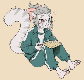 1girl :t absurdres alternate_costume animal_ear_fluff animal_ears animal_feet animal_hands animal_nose bangs_pinned_back barefoot black-framed_eyewear blush bow breast_pocket cat_ears cat_girl cat_tail chewing claws collarbone eating feet female_focus flat_chest flat_color flying_sweatdrops folded_ponytail food food_on_face forehead fork full_body furry furry_female glasses green_eyes green_jacket green_pants grey_hair hair_bow highres holding holding_fork holding_tray jacket knees_up light_blush nervous open_clothes open_jacket original pants pawpads pink_bow pocket red_eyes rice rice_on_face round_eyewear shirt short_hair sidelocks simple_background sitting slit_pupils solo sona_(yuio58ok) squid_game tail tail_raised tears track_jacket track_pants tray wavy_eyes white_shirt yellow_background yuio58ok