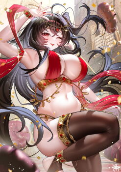 1girl :p absurdres alternate_costume arm_up armlet armpits azur_lane bare_shoulders black_thighhighs blush breasts closed_mouth commentary_request crossed_bangs dancer heart heart_in_eye highres jewelry large_breasts long_hair navel one_eye_closed red_eyes sideboob smile solo stomach symbol_in_eye taihou_(azur_lane) tansuan_(ensj3875) thighhighs thighs tongue tongue_out