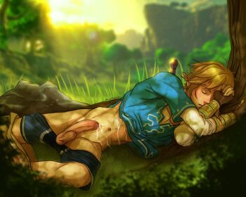 1boy after_masturbation artist_name blonde_hair blonde_pubic_hair bludwing blue_male_underwear blurry blurry_background champion&#039;s_tunic_(zelda) closed_eyes closed_mouth clothes_pull commentary cum cum_on_body cum_on_stomach english_commentary grass link lying male_focus male_pubic_hair male_underwear navel nintendo on_back pants pants_pull penis pointy_ears pubic_hair short_hair sleeping solo sunlight testicles the_legend_of_zelda underwear