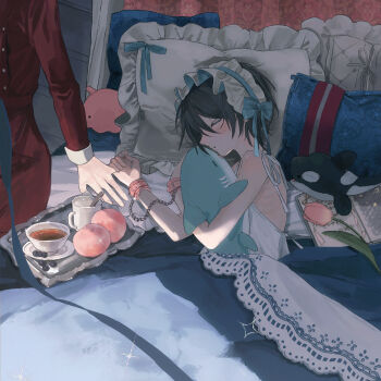 2boys absurdres bed bedroom black_hair book bound bound_wrists closed_eyes commentary_request cup flower highres ikea_shark indoors jacket kiku_re001 lying mug multiple_boys nightgown on_side original pillow red_jacket sleeping stuffed_animal stuffed_orca stuffed_shark stuffed_toy teacup trap tray white_nightgown