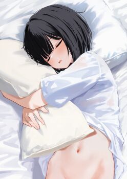 1girl absurdres bed_sheet black_hair blush bob_cut bob_cut_girl_(memekko) closed_eyes commentary_request head_on_pillow highres hugging_object lying memekko navel on_back on_bed original pillow pillow_hug revision shirt short_hair short_sleeves sleeping solo white_shirt