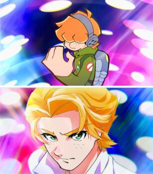 1boy brief_(psg) freckles green_eyes green_jumpsuit hair_over_eyes headphones henshin highres jumpsuit orange_hair panty_&amp;_stocking_with_garterbelt sweat tune933 tuxedo