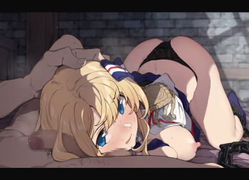 1girl ass bad_tag bdsm bed_sheet between_breasts black_panties blonde_hair blue_eyes blush breasts captured chain clothes_lift covered_erect_nipples curvy epaulettes erection eyebrows hair_ornament hairjob helmet highres jeanne_mathwest large_breasts long_hair lying military_uniform nagioka necktie necktie_between_breasts open_clothes open_mouth panties penis petting precum restrained sex shoes skirt skirt_lift star_ocean star_ocean:_anamnesis sweat thighs underwear upturned_eyes