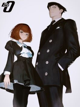 1boy 1girl absurdres android ascot black_hair bob_cut brooch collared_shirt copyright_logo copyright_name expressionless feet_out_of_frame formal_clothes frilled_ascot frills from_below full_body hairband hands_in_pockets highres jacket jewelry juliet_sleeves logo long_sleeves looking_at_viewer looking_down nagamerin necktie pants pantyhose puffy_sleeves r_dorothy_wayneright red_hair roger_smith shirt short_hair standing suit suit_jacket the_big_o