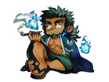 Rule 34 | 1boy, bara, bare pectorals, beard, black hair, blue fire, chibi, chibi only, chinstrap beard, commentary, dark-skinned male, dark skin, deformed, facial hair, facial scar, fire, forked eyebrows, highres, holding, holding smoking pipe, looking at viewer, male focus, mature male, mestses, muscular, muscular male, pectorals, sandayu (housamo), scar, scar on cheek, scar on face, sideways glance, sitting, slippers, smoking pipe, solo, symbol-only commentary, thick eyebrows, tokyo houkago summoners