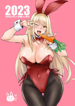 1girl 2023 absurdres animal_ears arm_up black_pantyhose blonde_hair blush bow bowtie breasts carrot cleavage covered_navel detached_collar highres holding holding_carrot large_breasts leotard looking_at_viewer one_eye_closed open_mouth original pantyhose pink_background playboy_bunny rabbit_ears red_bow red_bowtie red_eyes red_leotard simple_background smile solo takurou tongue tongue_out traditional_bowtie v wrist_cuffs