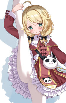 1girl ahoge blonde_hair blush bow dress eluthel frills green_eyes highres idolmaster idolmaster_cinderella_girls leg_up looking_at_viewer pantyhose red_dress solo split standing standing_on_one_leg standing_split twintails white_pantyhose yusa_kozue