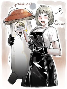 2girls apron black_apron black_gloves black_pants blonde_hair blood bloody_knife co1fee dungeon_meshi elf english_text falin_touden falin_touden_(tallman) gloves green_eyes highres holding holding_knife kitchen_knife knife marcille_donato medium_hair multiple_girls musical_note pants pointy_ears shirt spoken_musical_note walking_mushroom_(dungeon_meshi) white_shirt yuri