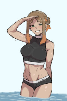 1girl bad_link black_shirt breasts brown_hair crop_top drawfag medium_breasts navel nintendo orange_hair orla_(pokemon) outdoors pokemon pokemon_(anime) pokemon_horizons shading_eyes shirt sidelocks smile solo toned toned_female wading wet