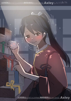 1girl axley black_hair box brown_eyes commentary_request cup dated gift gift_box houshou_(kancolle) japanese_clothes kantai_collection kimono long_hair looking_at_viewer one-hour_drawing_challenge pink_kimono ponytail smile solo spotlight upper_body