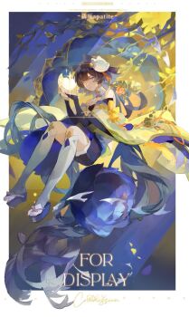 1girl bare_shoulders black_hair blue_eyes blunt_bangs english_text flower full_body hair_between_eyes hair_ornament highres japanese_clothes kneehighs liulianjingrua long_sleeves looking_at_viewer original parted_bangs seele_vollerei short_hair sitting socks solo wide_sleeves
