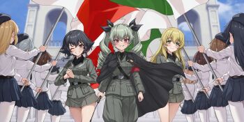 6+girls aadka5 anchovy_(girls_und_panzer) anzio_military_uniform anzio_school_uniform black_hair blonde_hair blush braid breasts brown_eyes cape carpaccio_(girls_und_panzer) closed_mouth drill_hair girls_und_panzer green_eyes hair_ribbon highres italian_flag long_hair medium_breasts military_uniform miniskirt multiple_girls one_eye_closed outdoors pantyhose pepperoni_(girls_und_panzer) ribbon riding_crop school_uniform short_hair skirt sky small_breasts smile tomboy twin_drills twintails white_pantyhose