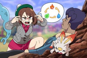 1boy 1girl angry black_hair brown_eyes brown_hair cardigan closed_eyes commentary dress english_commentary galois gameplay_mechanics gen_8_pokemon gloria_(pokemon) green_headwear hat highres hop_(pokemon) invincible_(series) knee_up knit_sweater lying meme nintendo on_back open_mouth out_of_frame parody pink_dress pointing pointing_at_self pokemon pokemon_(creature) pokemon_swsh pom_pom_(clothes) scorbunny short_hair sobble speech_bubble sweatdrop tam_o&#039;_shanter think_mark_think!_(meme) unconscious x_x