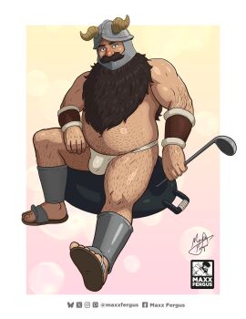 1boy bara beard belly brown_hair bulge dungeon_meshi dwarf facial_hair fake_horns fat fat_man full_body hairy helmet highres holding holding_ladle horned_helmet horns ladle loincloth long_beard looking_at_viewer male_focus maxxfergus merchandise_available muscular muscular_male mustache senshi_(dungeon_meshi) sitting solo sparse_navel_hair thick_arm_hair thick_eyebrows thick_mustache thick_navel_hair topless_male very_hairy very_long_beard wok