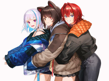 3girls :d absurdres ange_katrina ange_katrina_(casual) animal_ears bare_shoulders black_choker black_jacket black_pants black_skirt blue_eyes blue_hair blue_jacket blunt_bangs blush brown_hair brown_jacket brown_tail choker closed_mouth colored_inner_hair commentary crossed_bangs denim dog_ears dog_girl dog_tail front-to-back grin group_hug group_picture hair_between_eyes hair_intakes hair_ornament hand_in_another's_pocket highres hug hug_from_behind inui_toko inui_toko_(hoodie) jacket jeans lize_helesta lize_helesta_(8th_costume) long_hair looking_at_viewer looking_to_the_side medium_hair miniskirt multicolored_hair multiple_girls nijisanji open_mouth orange_jacket outstretched_arms pants pleated_skirt purple_eyes quilted_jacket red_eyes red_hair rinderon0722 sanbaka_(nijisanji) simple_background single_off_shoulder skirt sleeves_past_wrists smile streaked_hair symbol-only_commentary tail triangle_hair_ornament two-sided_fabric two-sided_jacket two-tone_hair virtual_youtuber white_background white_hair yellow_eyes