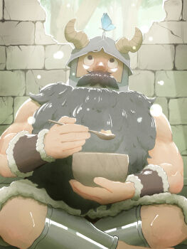 1boy absurdres animal animal_on_head artist_request beard bird bird_on_head bowl brick_wall broken_wall crossed_legs dungeon_meshi dwarf eating facial_hair fake_horns helmet highres holding holding_bowl holding_spoon horned_helmet horns long_beard looking_up male_focus muscular muscular_male mustache on_head senshi_(dungeon_meshi) sitting snowing solo spoon sunlight thick_mustache very_long_beard