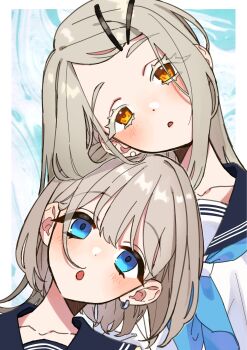 Rule 34 | 2girls, :o, absurdres, behind another, black sailor collar, blue eyes, blue neckerchief, blush, border, chin rest, collarbone, color connection, colored eyelashes, commentary request, earrings, gakuen idolmaster, grey hair, hair color connection, hair ornament, hairclip, hatsuboshi gakuen school uniform, hayashima koto, head on head, head rest, head tilt, highres, idolmaster, idolmaster shiny colors, jewelry, long hair, looking at viewer, multiple girls, neckerchief, open mouth, orange eyes, outside border, parallel hairclips, parted bangs, parted lips, sailor collar, sailor shirt, school uniform, serizawa asahi, shinosawa hiro, shirt, short hair, single earring, stud earrings, swept bangs, upper body, white border, white shirt