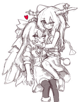 Rule 34 | 2girls, ball and chain restraint, bird wings, blush, bow, breasts, cape, center frills, closed eyes, commentary, feathered wings, frills, greyscale, hair bow, hand on another's face, headpat, heart, highres, horn ornament, horn ribbon, horns, ibuki suika, korean commentary, long hair, medium breasts, monochrome, multiple girls, oni, puffy short sleeves, puffy sleeves, rampa93, reiuji utsuho, ribbon, shirt, shoes, short sleeves, skirt, socks, spot color, thighhighs, third eye, third eye on chest, touhou, wings