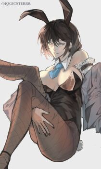 1girl :d absurdres animal_ear_hairband animal_ears armlet black_hair black_nails blue_necktie bob_cut breasts character_request check_character cleavage collar fake_animal_ears feet_out_of_frame fishnet_leggings hairband hand_on_own_leg highres jacket jet_(shadow_slave) jewelry knee_up logicsterrr necktie open_mouth playboy_bunny rabbit_ear_hairband rabbit_ears rabbit_tail shadow_slave short_hair sidelighting sitting smile solo tail twisted_torso white_eyes white_jacket