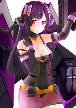 alternate_hairstyle bare_shoulders black_hair breasts cleavage cosmic_break detached_sleeves jetpack long_hair looking_at_viewer mecha_musume medium_breasts red_eyes revealing_clothes saya_starlight see-through_clothes smile tsiruot