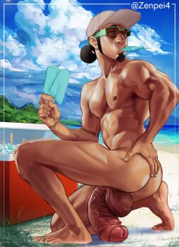 1boy ass bara barefoot beach black_hair blue_sky commentary cooler day english_commentary facial_hair food food_in_mouth foreskin goatee highres holding holding_food holding_popsicle huge_penis looking_back male_focus nintendo nipples ocean outdoors pectorals penis pokemon pokemon_sm popsicle popsicle_in_mouth professor_kukui sideburns sky solo sunglasses testicles toned toned_male topknot zenpei