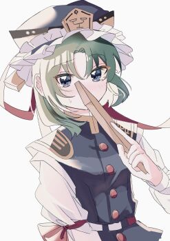 1girl absurdres blue_eyes blush bow buttons commentary_request covering_own_mouth eik_s2 epaulettes frilled_hat frills green_hair grey_hat grey_vest hand_up hat highres holding long_sleeves looking_at_viewer red_bow rod_of_remorse shiki_eiki shirt short_hair simple_background sleeve_bow solo touhou upper_body vest white_background white_shirt