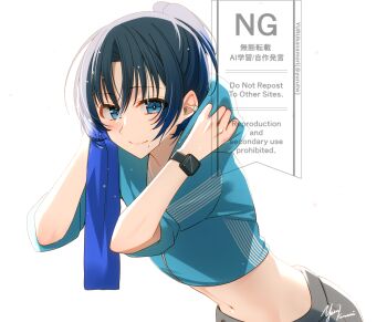 Rule 34 | 1girl, alternate costume, black hair, blue eyes, blue hoodie, closed mouth, commentary request, cropped hoodie, earclip, highres, hiodoshi ao, holding, holding towel, hololive, hololive dev is, hood, hoodie, kanamori yuru, looking at viewer, mole, mole under mouth, navel, smartwatch, smile, solo, towel, virtual youtuber, watch, watermark, wet, wet hair, white background, wristwatch