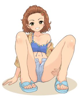 1girl blue_camisole blue_panties breasts brown_hair camisole cleavage commentary_request crop_top denim denim_shorts earrings flip-flops forehead full_body grin hair_pulled_back highres idolmaster idolmaster_cinderella_girls jewelry medium_hair midriff namba_emi navel noe_aoikaba octopus_hair_ornament open_clothes open_fly open_shirt panties sandals shirt short_shorts shorts sitting small_breasts smile solo spread_legs strap_slip stud_earrings underwear yellow_eyes yellow_shirt