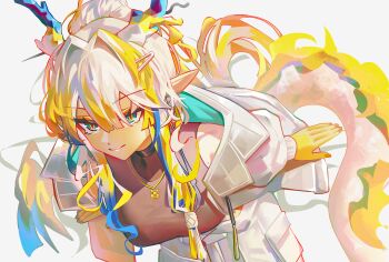 1girl absurdres arknights black_shirt blonde_hair blue_hair breasts closed_mouth dragon_girl dragon_horns dragon_tail eastern_dragon_horns eastern_dragon_tail green_eyes hair_between_eyes hair_ornament highres horns jacket leaning_forward long_sleeves medium_breasts multicolored_hair nikov pants shirt shu_(arknights) smile solo tail white_background white_hair white_jacket white_pants